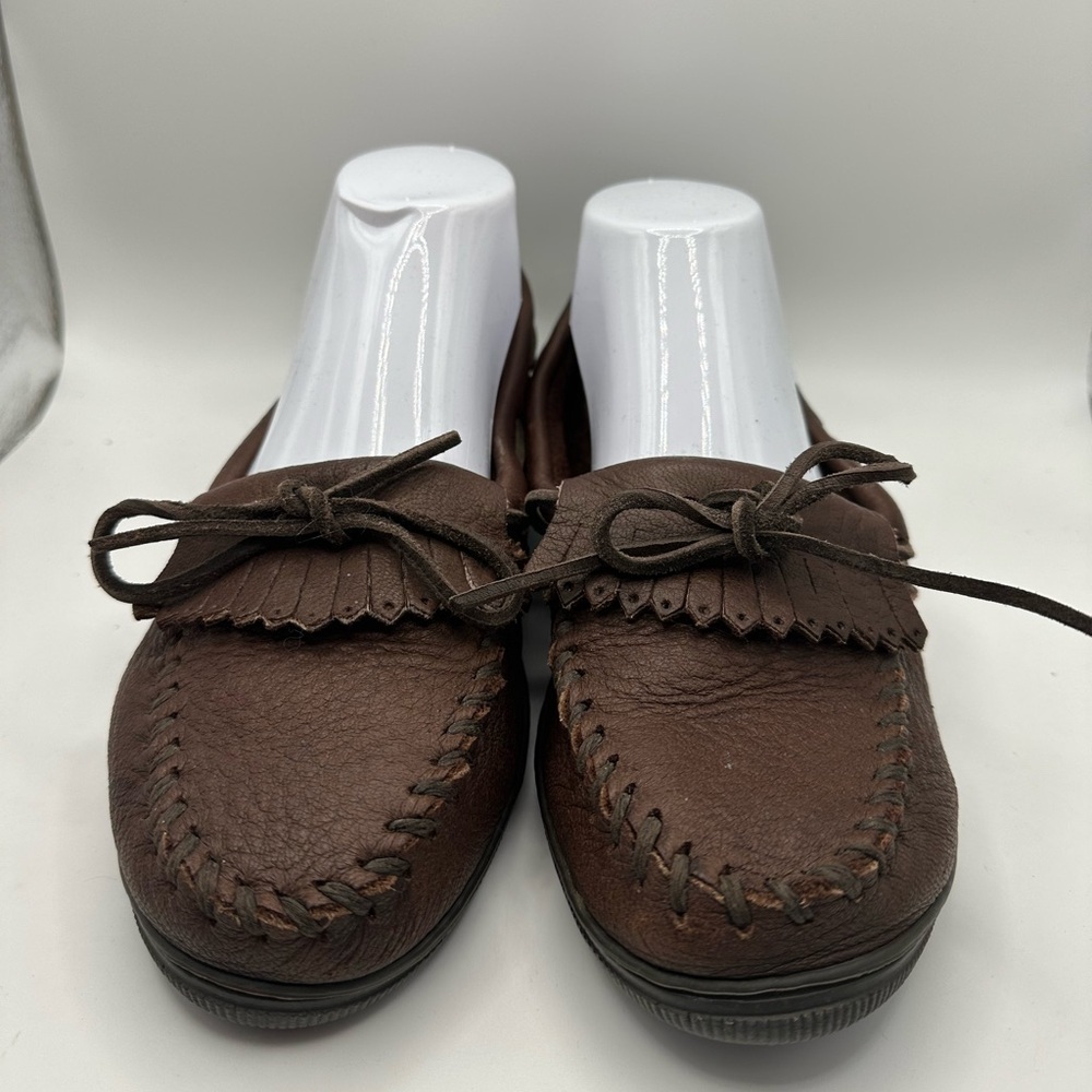 Minnetonka Moosehide Leather Moccasin 392 Womens 8.5 Chocolate Kilty Fringe Slip